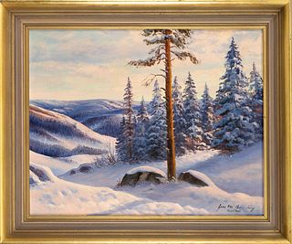 Unidentified Swedish painter 1st half 20th century, snowy winter landscape in SmÃ¥land, oil on canvas, bottom right indistinctly signed and orstbezeic
