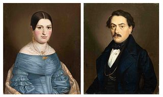 C. V. Wanderer, Biedermeier portrait painter c. 1840, pair of fine portraits of Carl eduard HÃ¶fl (1805-1885) and his wife, oil on canvas, each signed