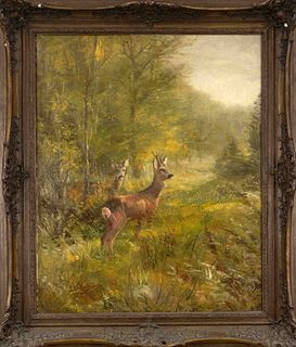 Willy Lorenz (1901-1981), German animal and landscape painter, specialized in depictions of animals in the wild. Deer in a clearing, oil on canvas, si