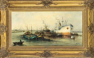 Willem Bos (1906-1977), Dutch marine painter, Cargo ships in the port of Rotterdam, oil on lwd, signed ''Wim Bos'' lower right, 40 x 80 cm, framed 63 