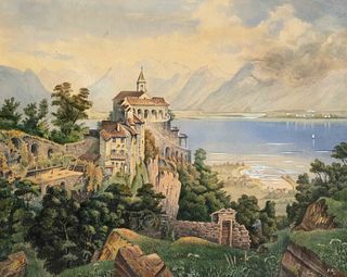 signed E. Sch., view painter of the 19th century, view of the pilgrimage church Sacro Monte Madonna del Sasso on Lake Maggiore, watercolor and gouache