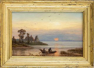 Bianco Pennelli (active ca. 1868-1883), landscape painter in Berlin of Italian origin, sunset over a lake with fishermen and huts, oil on plywood, sig