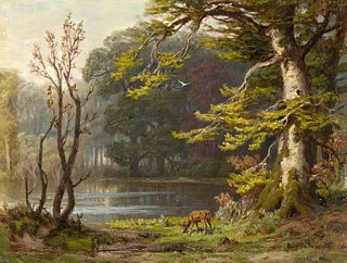 Bianco Pennelli (active ca. 1868-1883), landscape painter in Berlin of Italian origin, Grazing deer at idyllic forest lake, oil on wood, signed lower 