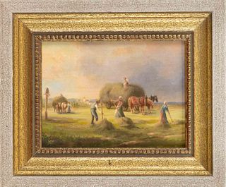 Monogramist GR, mid-20th century, small hay harvest in foothills of the Alps landscape, oil on wood, monogrammed lower left, 11 x 14.5 cm, framed 17.5