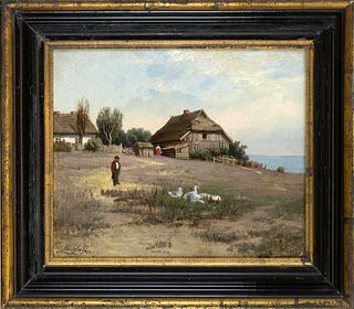 L. Minzlaff, 1st half 20th c., farmhouse by the sea with geese and staffage figures, oil on cardboard, signed lower left, 25 x 31 cm, framed 35 x 40 c