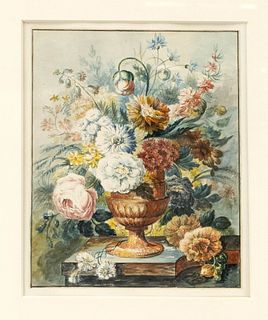 Anonymous flower painter c. 1900, lush flower piece in a vase on a cornice in the tradition of Jan van Huysum, watercolor and gouache on paper, unsign