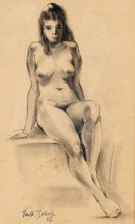 Karlheinz Pollok, 2nd half of the 20th century, sitting female nude, charcoal drawing on sand-colored paper, signed and dated (19)67 lower left, somew