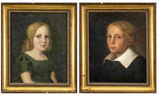 Anonymous portrait painter c. 1840, pair of child portraits, oil on canvas, unsigned, each mounted, restored and retouched, 32 x 25 cm, framed 39 x 33