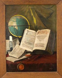 signed Wernek, end of 19th century, large scholar still life with globe and books, oil on canvas, signed and dated 1896 lower right, one patch, 78 x 5