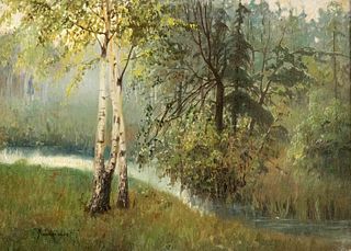 Unidentified, probably Polish artist c. 1900, Woodland with stream and birch trees, oil on canvas drawn on wood, indistinctly signed ''J. Zubrzyck'' (