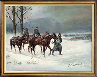 Alexander Scheloumoff (1892-1983), Mounted Soldiers in Winter Landscape, oil on canvas, signed lower right, 60 x 80 cm, framed 67 x 87 cm