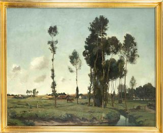 Charles Lebon (1906-1957), Belgian painter, large tree-lined landscape with grazing horses, oil on canvas, signed lower left, 80 x 100 cm, framed 90 x