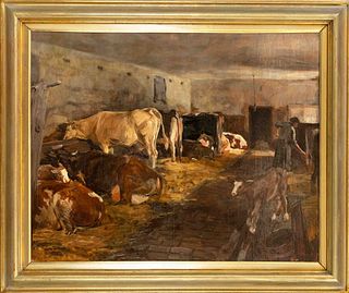 Rudolf BÃ¶ttger (1887-1973), Cows in a Stable, oil on plywood, signed lower right, 63 x 80 cm, framed 80 x 96 cm