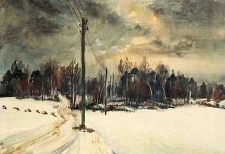 Monogramist LW, mid-20th century, Winter Landscape with Power Poles, watercolor on paper, monogrammed and dated (19)54 lower left, 48 x 71 cm, framed 