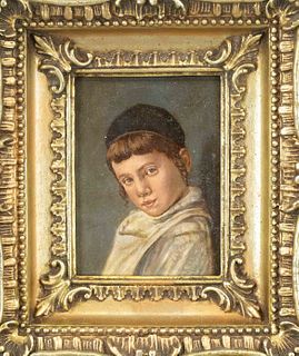 Anonymous portrait painter around 1900, small portrait of a Jewish boy with kippa and temple curls, oil on canvas, unsigned, 12,5 x 10 cm, framed 20 x