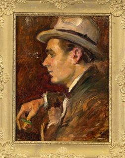 Anonymous painter early 20th c., portrait study of a young dandy in profile, oil on wood, unsigned, 25 x 18 cm, framed 32 x 25 cm