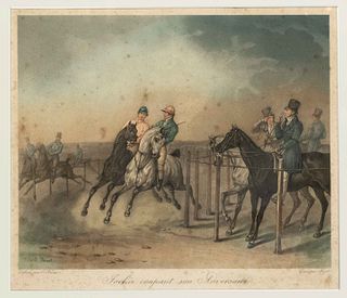Jazet after Carle Vernet (1758-1836), ''Jockei coupant son Adversaire'', scene from a horse race, color aquatint, more stained, 35 x 42 cm, framed beh