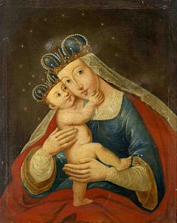 Southern German sacral painter of the 19th century, Passau Madonna, oil on canvas, unsigned, craquelÃ©, chips, pressure marks, 68 x 55 cm