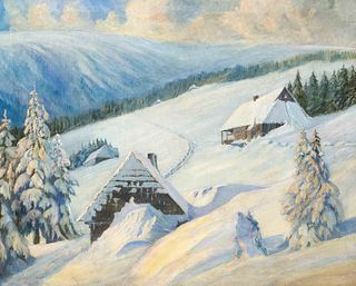 Anonymous landscape painter c. 1920, snowy Black Forest landscape in the manner of Karl Hauptmann, oil on canvas, unsigned, retouched, 80 x 100 cm, fr