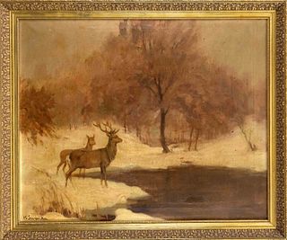 Karol Sovanka (1883-1961), Slovak animal painter, Deer in snowy woodland, oil on canvas, signed lower left, one small patch with retouch, needs cleani