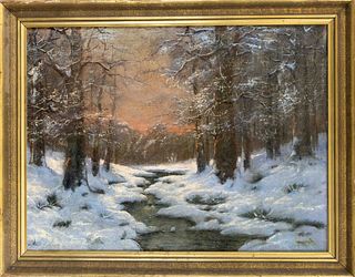 Unidentified landscape painter 1st half 20th century, stream in snowy winter forest in the evening light, oil on canvas, bottom right indistinctly sig