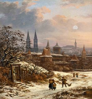 Carl Wagner (1796-1867), Thuringian Romantic, View of an Old Town in Winter with Staffage Figures, oil on canvas, monogrammed lower right ''C.W.f.'', 