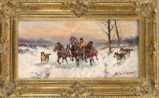Alexander Scheloumoff (1892-1983), Russian winter landscape with troika pursued by wolves, oil on canvas, signed lower right, 20 x 40 cm, framed 31.5 