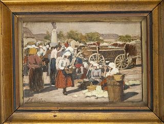 Johann Nepomuk Geller (1860-1954), Hungarian market scene, small oil painting on canvas over wood, signed lower left, 9 x 14 cm