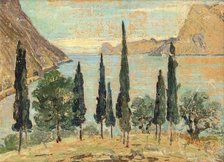 Friedrich von Khaynach (1867-1920), View of Lake Garda, oil study on cardboard, signed lower right, heavily rubbed, scratches, 35 x 50 cm, framed 41 x
