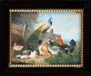 Anonymous South German painter c. 1900, Poultry painting with peacock, oil on wood, unsigned, indistinctly stamped on verso, chipped upper right, 18 x