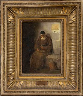 Robert Fleury (1797-1890), French history painter. Slumbering monk in a church, oil on canvas, signed lower right, craquelÃ©, 25 x 20 cm, framed 42 x 