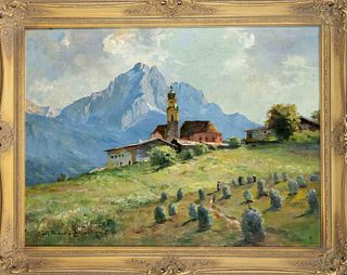 Fritz MÃ¼ller-Schwaben (1879-1957), Alpine Idyll with Village Church and Farmers in the Field, oil on canvas, signed lower left, 60 x 80 cm, framed 73