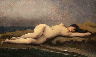Unidentified artist c. 1900, reclining female nude by the sea, oil on cardboard over wood panel, indistinctly signed lower left, 30 x 50 cm, framed 38