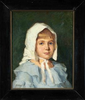 signed Fenyeja, portrait painter c. 1920, portrait of a girl with white headdress, oil on canvas, small tear, signed lower left, 43 x 35 cm, framed 59