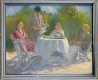 signed Ferenczy K., Hungarian artist mid-20th century, two couples having coffee in a summer garden in 1940s style, pastel on paper, signed lower righ