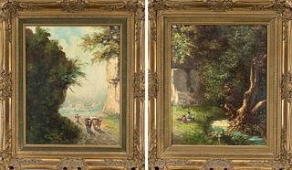 Anonymous painter 1st half 20th c., two southern landscapes with staffage, oil on lwd over wood, unsigned, 49 x 40 cm, framed 70 x 60 cm