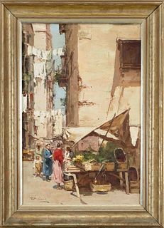Unidentified painter 1st half 20th c., probably Italian street scene with market stalls and clotheslines, oil on canvas, indistinctly signed lower lef