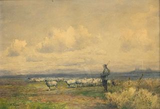 Cyrillic signed, 1st half 20th c., Shepherd with flock in wide landscape, watercolor mixed media on paper, signed lower left, 42 x 61 cm, framed behin