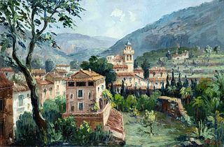 signed Millet, 2nd half of 20th century, impressionistic view of an old town in a valley with palm trees, oil on canvas, bottom right signed ''Millet'