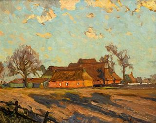 Unidentified painter c. 1930, impressionistic landscape with thatched house ''Aus Gnutz'', oil on cardboard, indistinctly signed lower right, inscribe