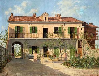 Celestino Ghione (active ca.1873-1892), View of a Villa in Spring, oil on canvas mounted on cardboard, signed lower left, retouch. Tear, 49 x 63 cm, f