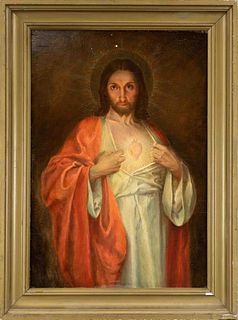 E. Formes, 19th c., devotional picture of Christ with sacred heart, oil on wood, signed lower left, rubbed, 64 x 44 cm, framed 77 x 57 cm