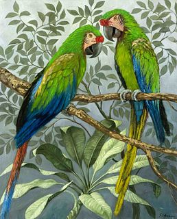 signed Dietmann, 1st half of 20th c., two parrots on a branch, oil on canvas, signed lower right, 62 x 50 cm, framed 71 x 59 cm