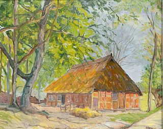 E. BrÃ¼ning, 1st half 20th century, impressionistic peasant cottage, oil on cardboard, signed lower right ''E. BrÃ¼ning'', 45 x 56 cm, framed 56 x 67 