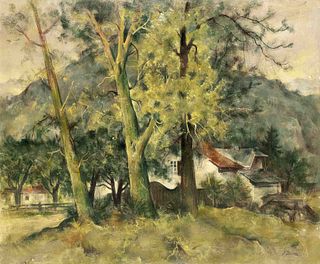 K. Klositka (?), 1st half 20th c., tree-lined landscape with houses, oil on canvas, indistinctly signed lower right, one blemish and one patch with re