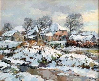 Jos. Leurs (*1947),winter landscape with homestead in the evening light, oil on canvas, signed lower right, 50 x 60 cm, framed 62 x 72 cm
