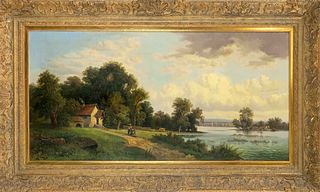 Unidentified painter of the 19th century, large country idyll with lakeside chapel and staffage, oil on canvas, lower left indistinct residual signatu