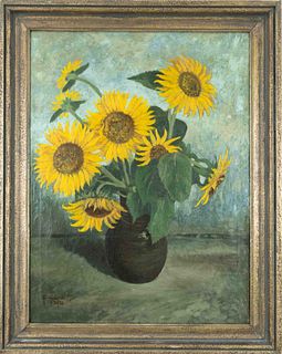 Fr. Gackomski, DÃ¼sseldorf painter late 19th c., large still life with sunflowers, oil on canvas, signed & dated lower left Ddf. (18)99, 80 x 61 cm, f