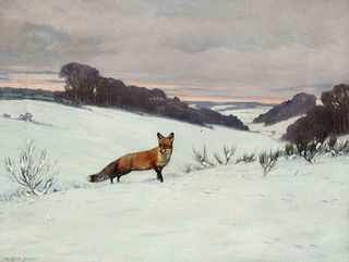 Maximilian Klein von Diepold (1873-1949), wide winter landscape in the evening light with fox in the snow, oil on canvas, signed lower left, vertical 