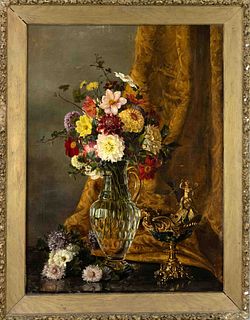 Unidentified painter late 19th c., Still life of flowers with nautilus shell, oil on canvas, indistinctly signed ''E.v. B...'' lower right, 88 x 64 cm